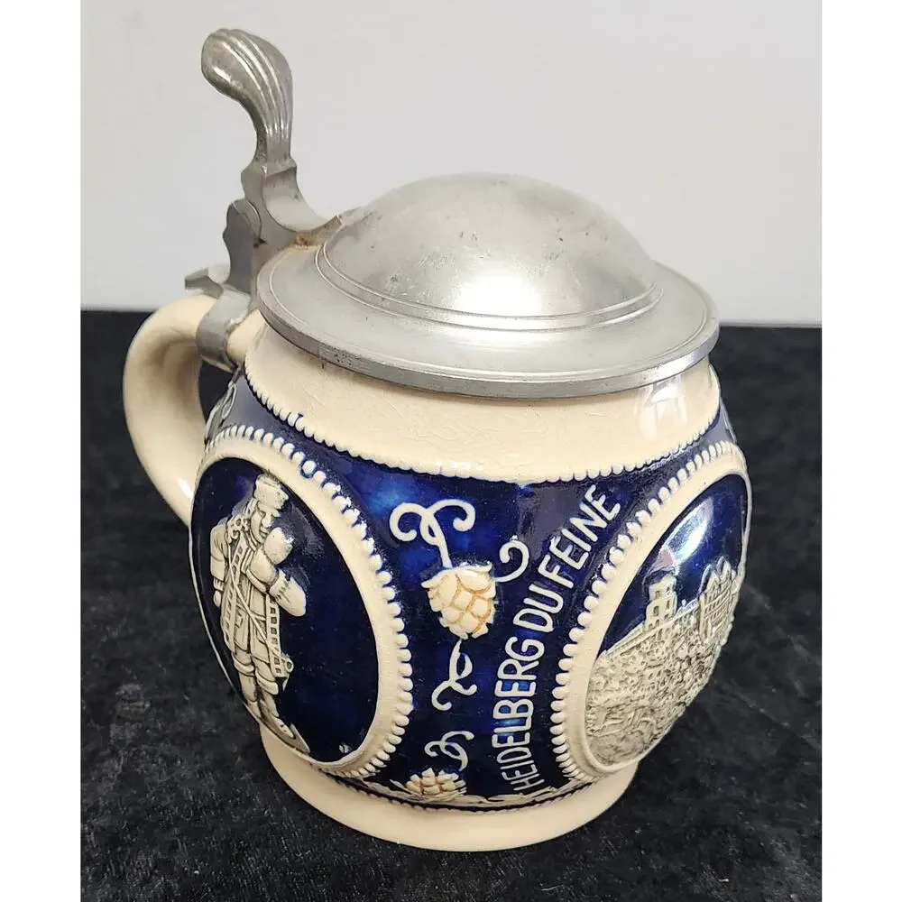 Vintage Stoneware Beer Stein w Pewter Lid Made in Germany